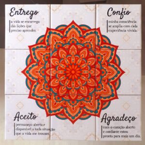 Mosaico de Azulejos - Mandala Vermelha - 9 Peças.